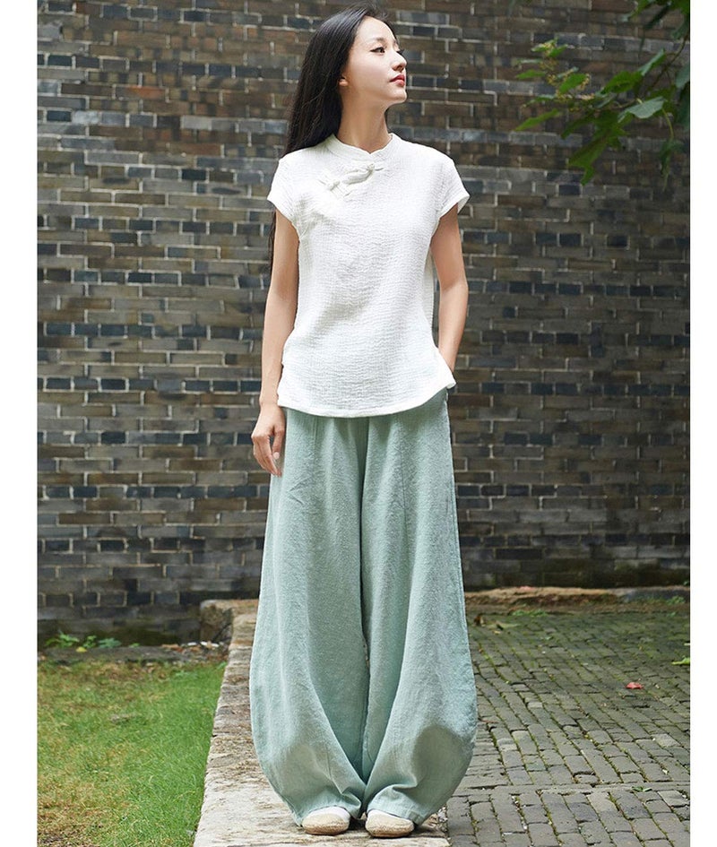 IXIMO Women's Casual Cotton Linen Baggy Pants with Elastic Waist Relax Fit Lantern Trousers Green L - Image 3